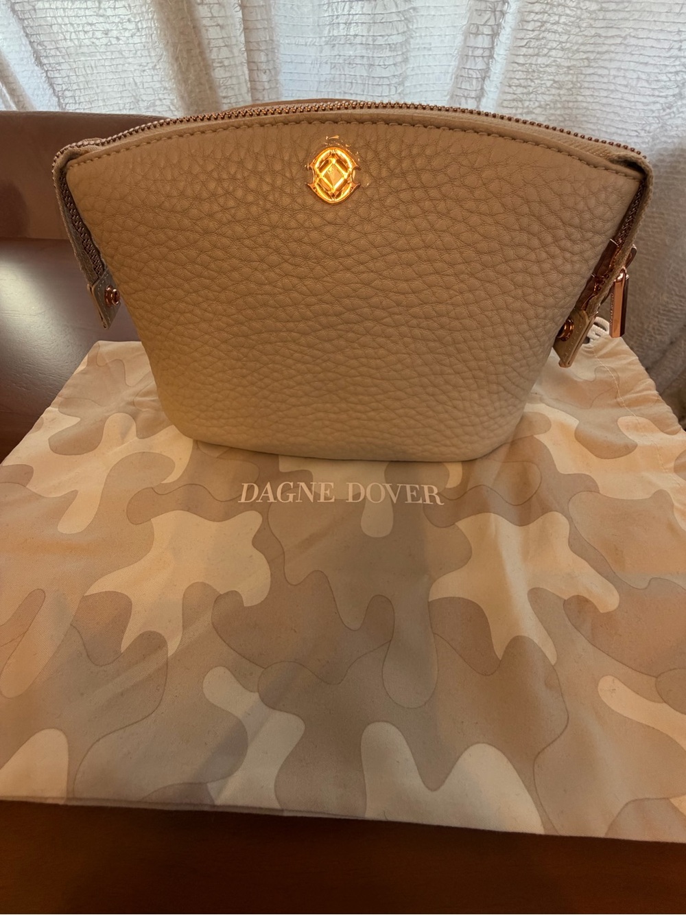 Dagne Dover Pebbled Leather Zip Cosmetic Pouch in Light Taupe with Gold Hardware